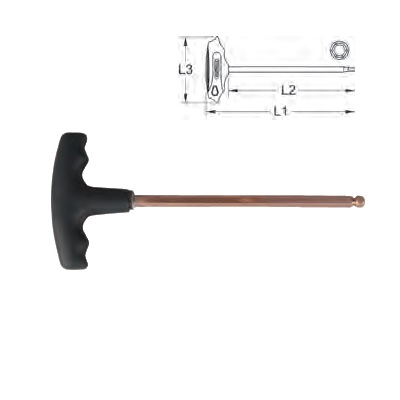 BERYLLIUM + HEXAGON KEY WRENCH WITH T-HANDLE, WITH BALL END 3 MM